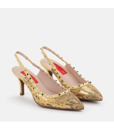 Salón destalonado de piel de serpiente color amarillo. Tacón de 7 cm