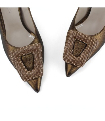 SALONES BRONCE DORADO CON JOYA | TACÓN 7.5  CM | PAULINA