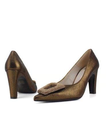 SALONES BRONCE DORADO CON JOYA | TACÓN 7.5  CM | PAULINA