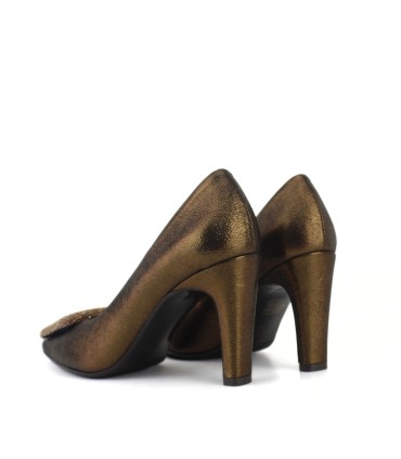 SALONES BRONCE DORADO CON JOYA | TACÓN 7.5  CM | PAULINA