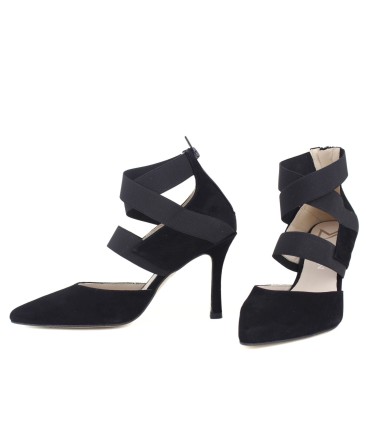 SALONES DE FIESTA DE ANTE NEGRO CON ELÁSTICOS | TACÓN 7.5 CM | PERLA