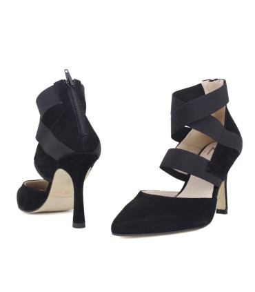 SALONES DE FIESTA DE ANTE NEGRO CON ELÁSTICOS | TACÓN 7.5 CM | PERLA