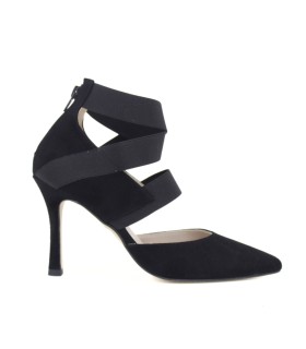 SALONES DE FIESTA DE ANTE NEGRO CON ELÁSTICOS | TACÓN 7.5 CM | PERLA