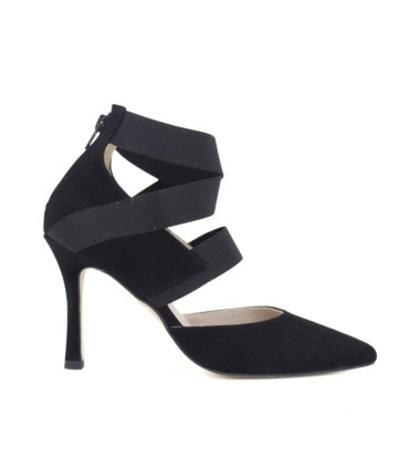 SALONES DE FIESTA DE ANTE NEGRO CON ELÁSTICOS | TACÓN 7.5 CM | PERLA