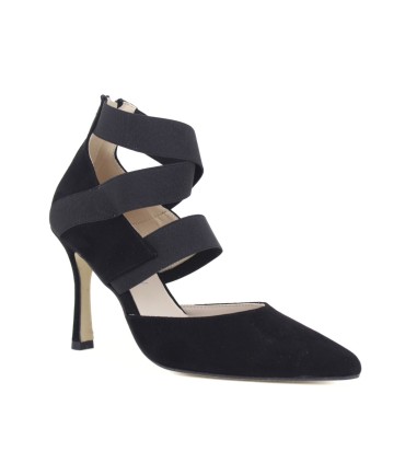 SALONES DE FIESTA DE ANTE NEGRO CON ELÁSTICOS | TACÓN 7.5 CM | PERLA